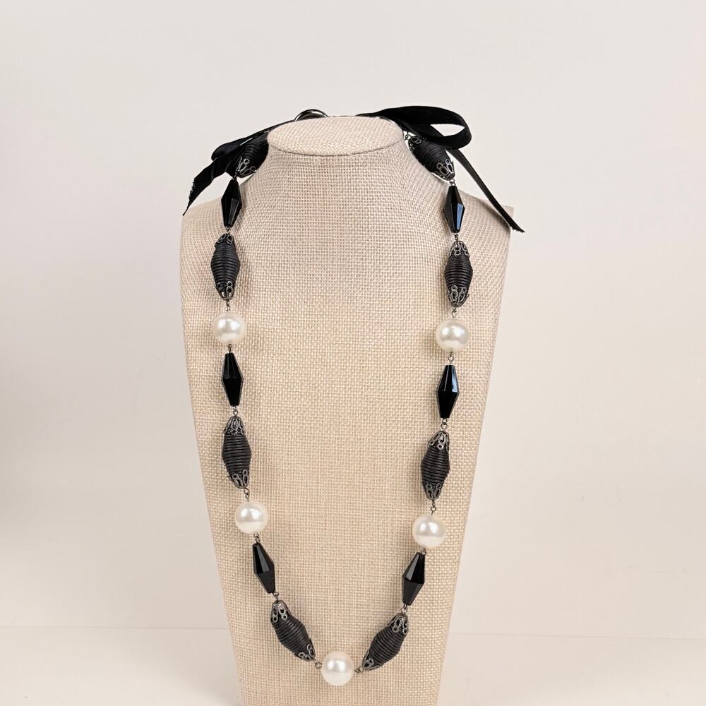 Tie Back Station Necklace Black and Pearlescent Beads Long Statement